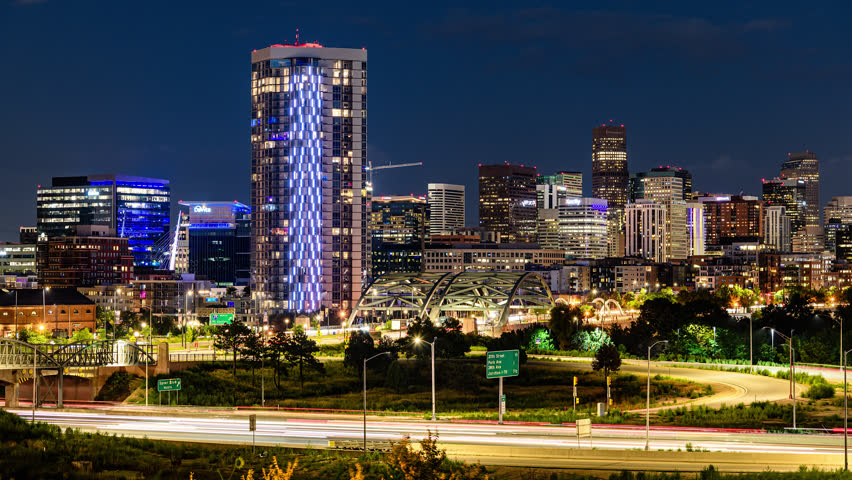 Denver Colorado Skyline with Traffic, Night Timelapse Video