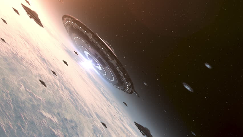 Many ufo's flying toward mothership above earth in grid formation
Alien invasion sci-fi concept,4K, 2024, outer space view
