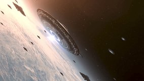 Many ufo's flying toward mothership above earth in grid formation
Alien invasion sci-fi concept,4K, 2024, outer space view

 - Powered by Shutterstock - Get 15% off with code: PIKWIZARD15