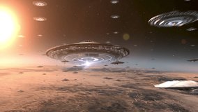 Many ufo's flying toward mothership above earth 
Alien invasion sci-fi concept,4K, 2024, outer space view
 - Powered by Shutterstock - Get 15% off with code: PIKWIZARD15