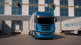 Generic electric semi trucks with cargo trailer charging at loading docks of warehouse or logistics center with solar facade. Decarbonisation and sustainable logistics concept. 3d animation rendering - Powered by Shutterstock - Get 15% off with code: PIKWIZARD15