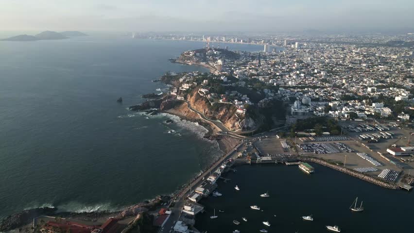 Aerial Drone Fly Mazatlan Sinaloa City Mexico Panoramic Blue Sea Coastline Top View above Architecture and natural travel spot of Latin America, Pacific Ocean