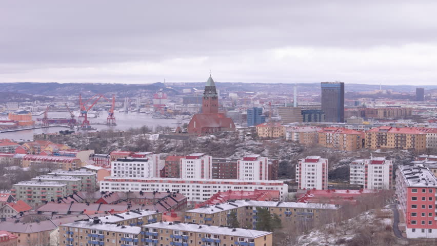 Gothenburg skyline view and Masthugg Church overlooking Gota Alv river, Sweden