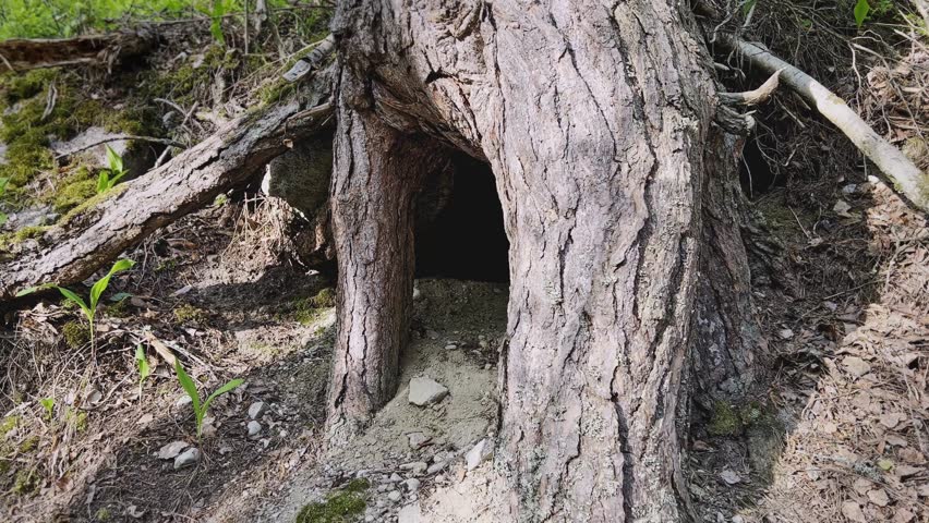 A grotto under a tree, a nest of some animal, home for a mammal like a badger or a fox, the tree is on a slope and surrounded by forest