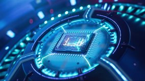 Beautiful Animation of Futuristic Chip that Activating and Powering up Complex Device. Turbine or Engine Starts and Glows with Blue Light. Advanced Microchip inside Powerful High Performance Machine - Powered by Shutterstock - Get 15% off with code: PIKWIZARD15