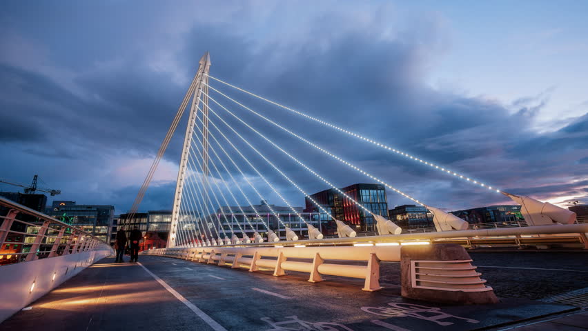 Dublin Aerial City centre Night Lapse Panorama Ireland Samuel Beckett Bridge Sunset