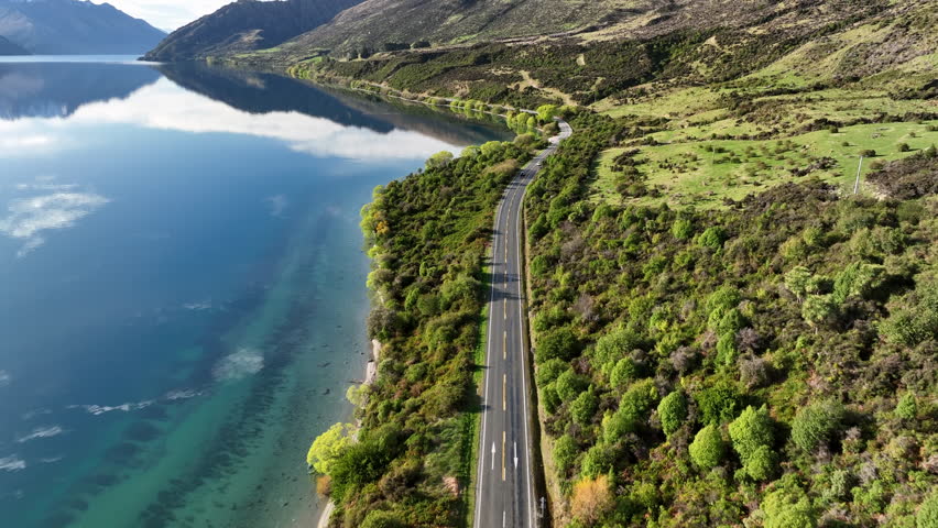 Road to Queenstown from Kingston Free Campground near Lake Wakatipu, South Island New Zealand.