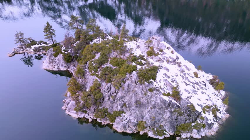 Aerial flyover of Fannette Island at Emerald Bay, Lake Tahoe, California