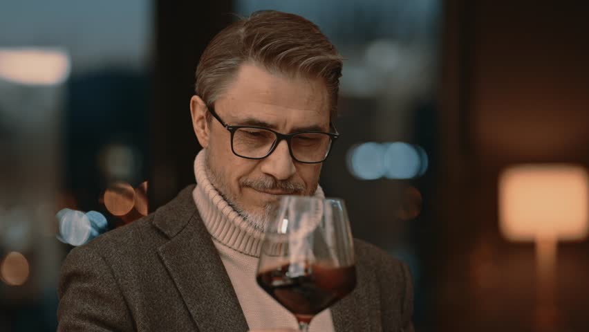 Elegant mid adult man drinking, tasting wine at home in cosy room. Portrait of happy, satisfied middle aged man, smiling. Royalty-Free Stock Footage #3463315589