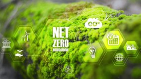Net zero , carbon neutral concept. Net zero greenhouse gas emissions target 2050. Climate neutral long term strategy 2050 with net zero polygonal icons on closeup greennature background.4k video
