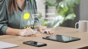 review online female sits at the desk rating website experience using virtual digital touch screen,woman customer giving positive five stars feedback at the internet store shopping online satisfaction - Powered by Shutterstock - Get 15% off with code: PIKWIZARD15