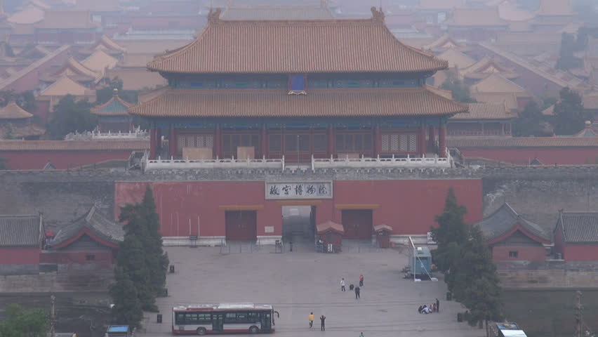 BEIJING, CHINA - APRIL 25, 2012, Fast motion of Aerial view of the Gate of Divine Might,Forbidden City by fog