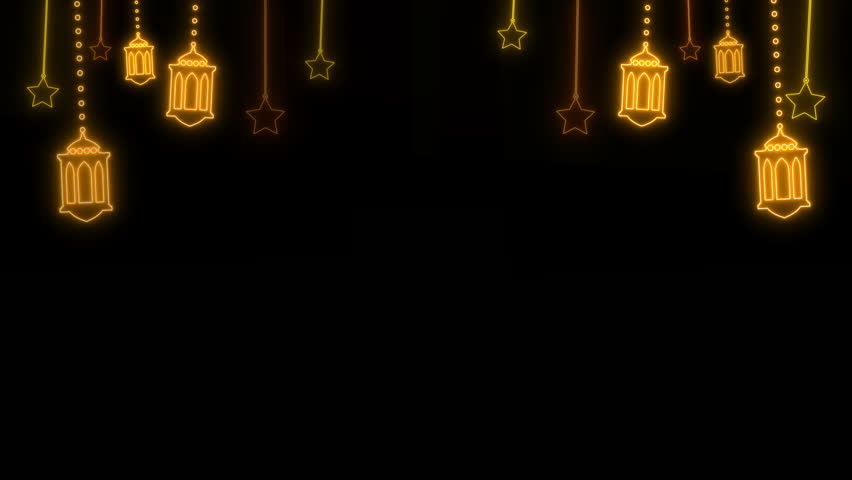 Glowing Neon Hanging Lanterns and Stars Isolated on Black Background. Animated Lanterns Design Elements. Hanging lights for Ramadan and islamic holidays concept.