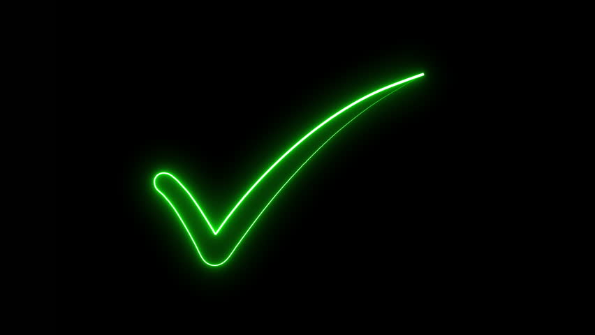 Hand Drawn Green Color Neon Light  Tick Sign. Isolated Design Element in glowing led light. Glowing led light tick sign. True sign in neon style. Animation of neon check mark symbol Success check mark