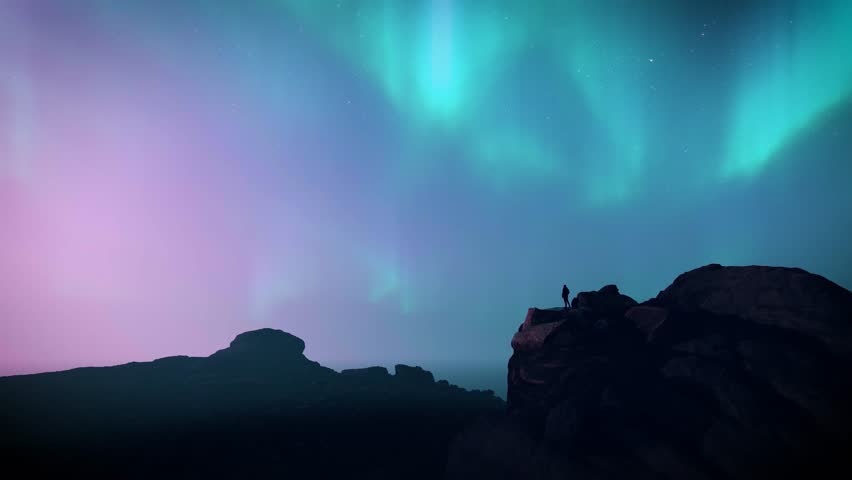 Aurora Borealis Moving in Pink and Blue Night Sky over a Silhouette Hiker Standing on Hilltop or Cliff in Rear View 3D Animation. Royalty-Free Stock Footage #3463503089