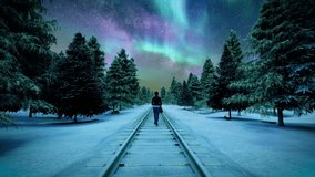 Aurora Borealis on Colorful Night Sky over a Woman Walking on Train Tracks or Railway In Snowy Landscape with Trees and Forest in the Background 3D Animation - Powered by Shutterstock - Get 15% off with code: PIKWIZARD15