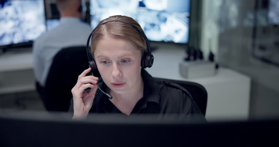 Emergency, call center and woman for consulting service, first responder and customer support. Telecommunication, surveillance office and person with computer for security, helpline and contact