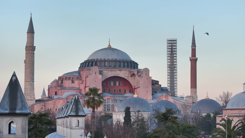 Happy Ramadan Feast Text in the Ayasofya (Hagia Sophia) Mosque, Illuminated Letters Between Minarets (Mahya) Drone Video, Sultanahmet Square Fatih, Istanbul Turkiye (Turkey)