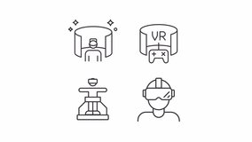 Animated VR devices icons. Virtual reality accessories line animation library. Gaming industry innovations. Black illustrations on white background. HD video with alpha channel. Motion graphic