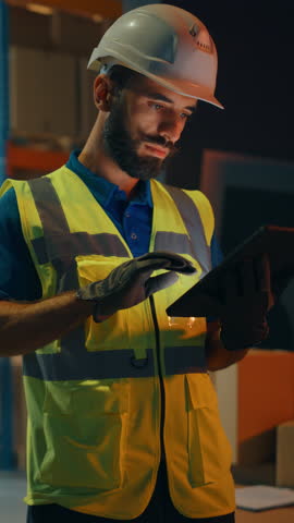 Vertical Screen. Outside of Logistics Retail Warehouse: Handsome Latin Manager Using Tablet Computer for Inventory. Delivery Service,  Cardboard Boxes, Online Orders, E-Commerce. Evening Stylish Light