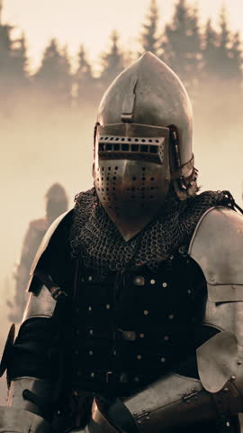 Vertical Screen. Epic Battlefield: Portrait of Knight Leader Wearing Helmet, Holding Sword, Ready for Battle. King Warrior in Dark Age Medieval War against Enemy Invasion. Historic Reenactment