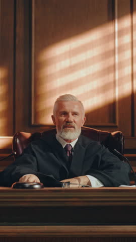 Court of Law Trial in Session: Vertical Portrait of Honorable Male Judge Reading Decision, striking Gavel. Presiding Justice Pronouncing Sentence. Not Guilty Verdict Judgment