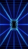 Vertical video - retro futuristic cyberpunk tunnel grid motion background with glowing blue neon light and flowing energy beams.	