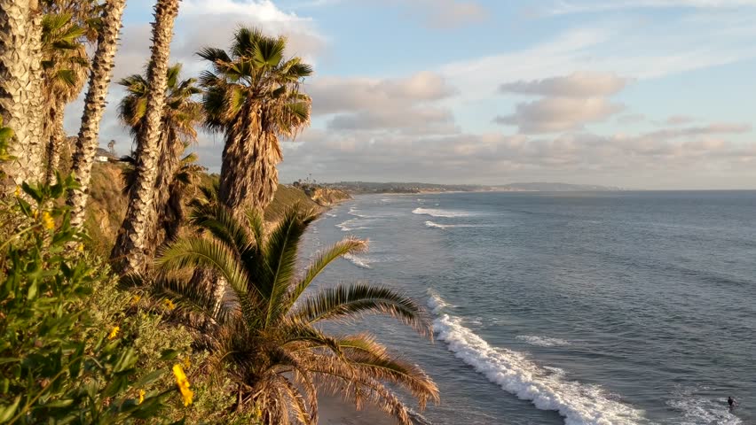 Southern California beach scenes, sunsets, surfers, tide pools and palms trees at Swamis Reef Surf Park and Moonlight Beach in Encinitas California. 