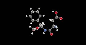 Aspartame molecule, rotating 3D model of artificial non-saccharide sweetener, looped video on a black background