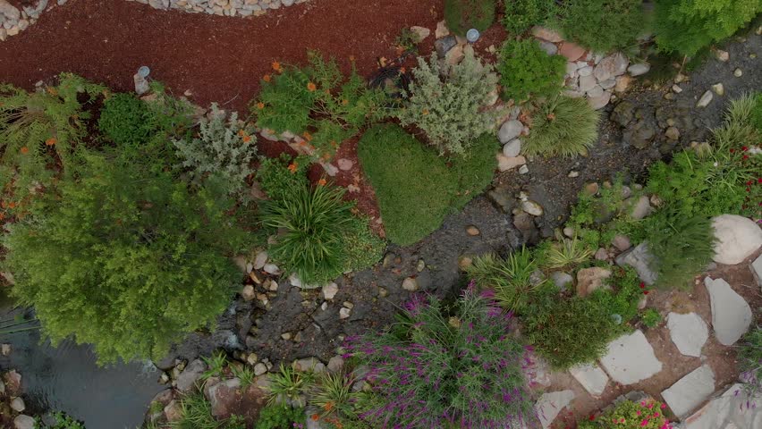 High flyover of a tree lines stream and botanical gardens near Malibu horse stables.