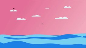 Clouds and Birds with Oceanic Waves near Exotic Beach Animated Video Concept, Summer Holidays Vocation Footage, Night View of Wind island with Tree and surfing Board animation, Relaxing sea Shore Clip