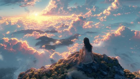 A woman sitting on top of a mountain looking at the sky. Loop animation : vidéo de stock