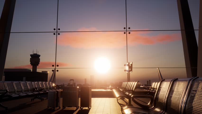 Suitcases In Airport Departure Lounge, Airplane In Background, Summer Vacation Concept, Traveler Suitcases In Airport Terminal Waiting Area, Empty Hall Interior With Large Windows, Sunset Time
