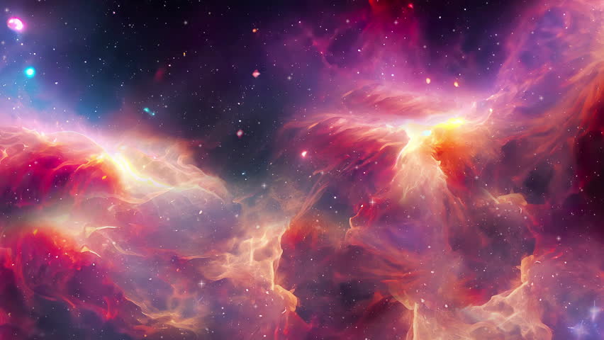 Cosmic nebula. Camera fly through space abstraction. Colored clouds with stars.