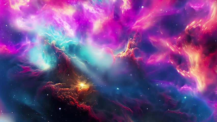 Cosmic nebula. Camera fly through space abstraction. Colored clouds with stars.