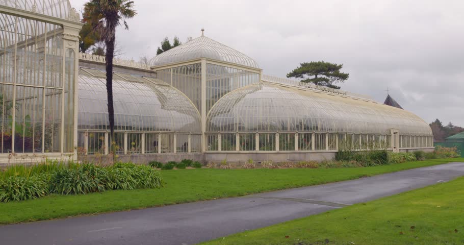 Main Greenhouse Of The National Botanic Gardens During Cloudy Day In Glasnevin, Dublin, Ireland. Wide Shot