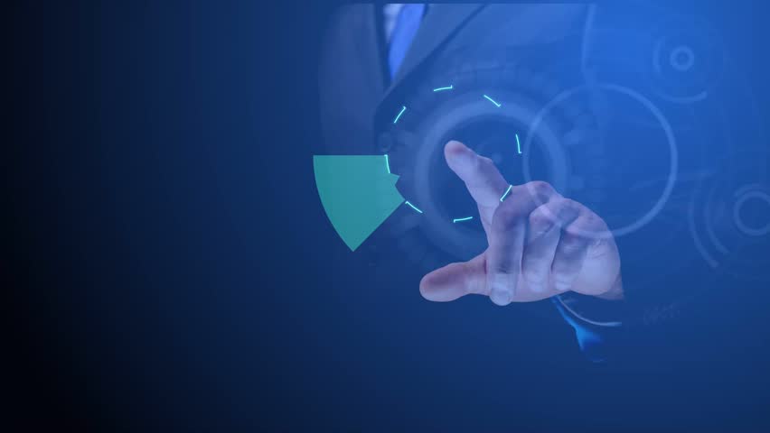 CG. Pie chart with symbols for protecting financial databases and biometric personal data on the background of an index finger with moving electrons in an AI chip and corresponding inscriptions