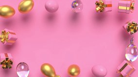 Glossy transparent and gold rotating Easter eggs with bunny ears and gifts on pink background. Easter frame with copy space for holiday sale. 3d render 4K loop video animation.