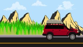 Camper car SUV car travel animation with mountain and pine forest view, perfect for road trips, camping, vacations Video