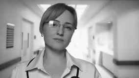 Monochrome portrait of a doctor in a hospital.
