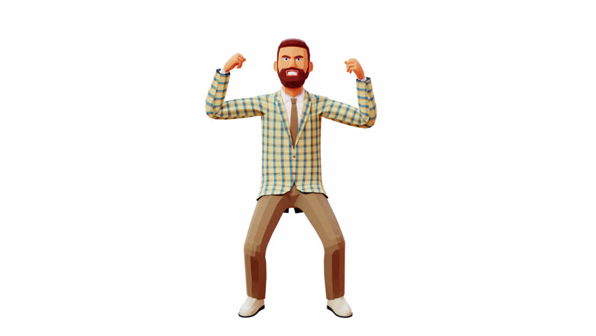 3D bearded man in jacket makes double biceps gesture. Animated male figure confidently making an Strong emphatic gesture. 3d animation with alpha channel