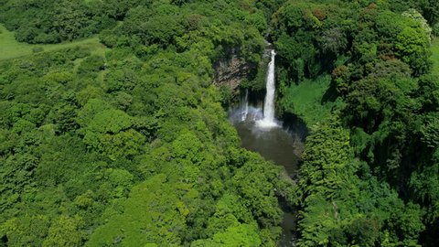 Aerial view of tropical rainforest valley green foliage and waterfall on Maui Pacific islands USA RED WEAPON
