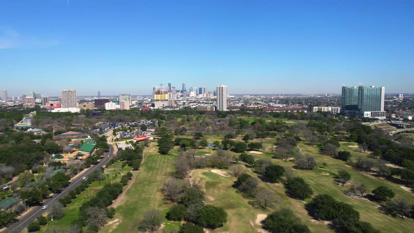 Aerial View of Hermann Park and Houston Texas Skyline, Drone Shot