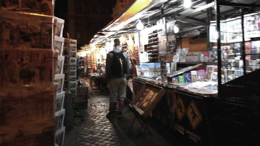 ROME - CIRCA MAY 2012: Tracking footage of open-air market stalls selling