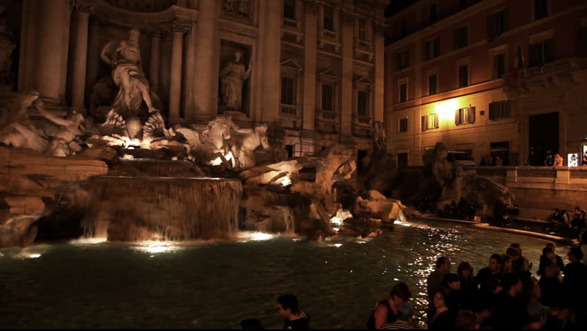 ROME - CIRCA MAY 2012: Angled footage of Trevi Fountain illuminated at night