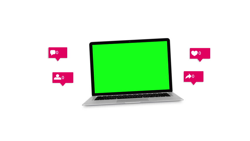 lying levitating devices laptop with love, like, new follower social media counting. mockup animation gadget isolated on green screen Royalty-Free Stock Footage #3463993345
