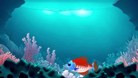 Looped underwater world video. Animated fish swim between seaweed and coral, sea bubbles rise up and burst; a school of fish can be seen swimming in the background
