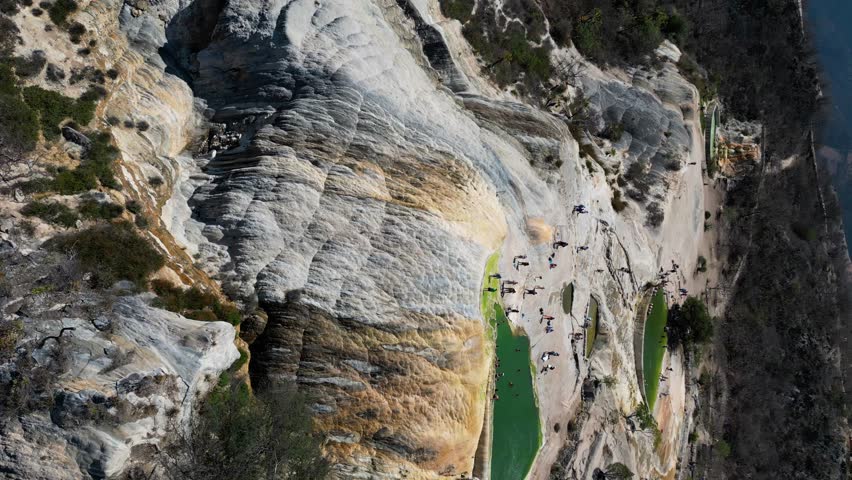 Vertical drone shot of Hierve El Agua Waterfall In Mexico.