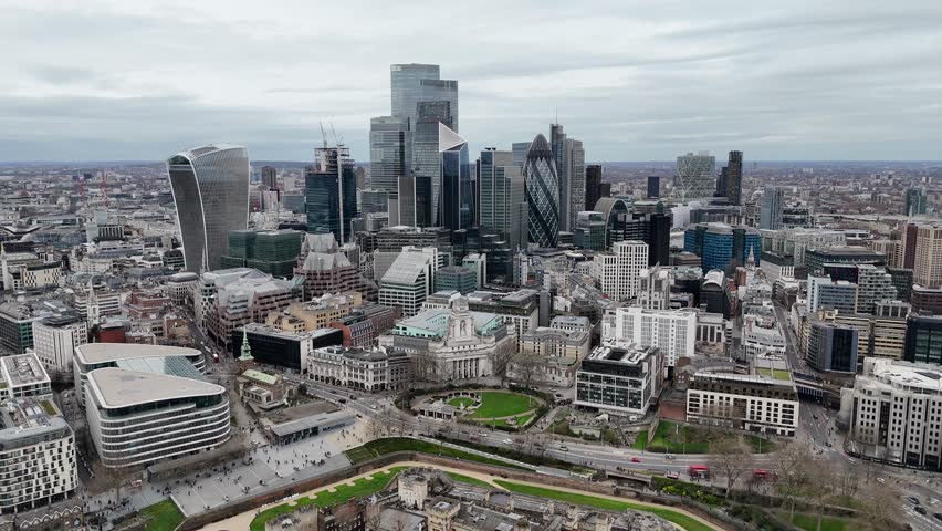 City of London UK skyscrapers in financial district, drone,aerial Royalty-Free Stock Footage #3464107587