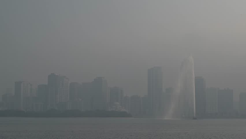 Low visibility over Sharjah City during a dust storm in the UAE